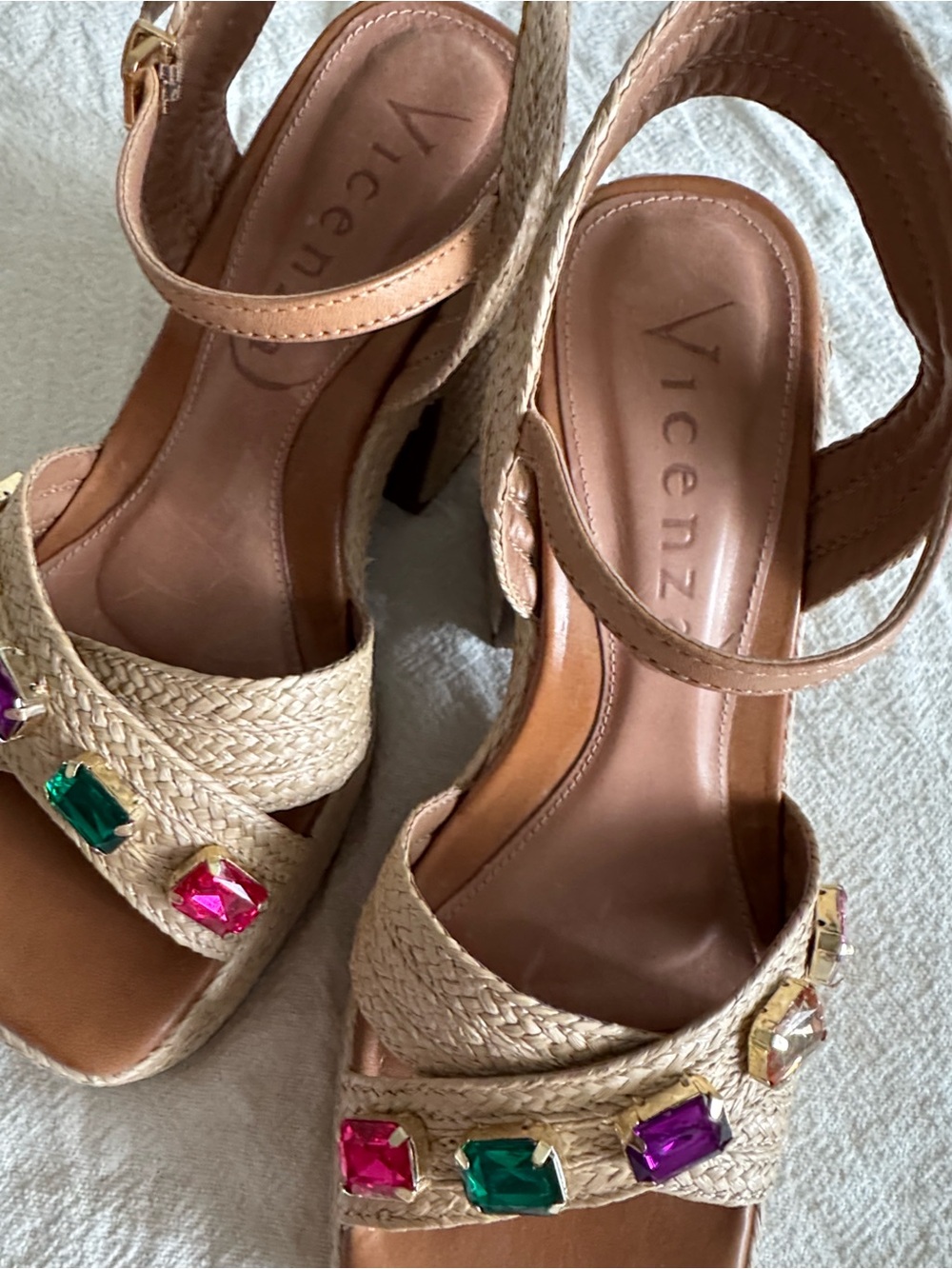 Anthropologie Vicenza Tan Woven Platform Sandals with Colorful Gem Accents